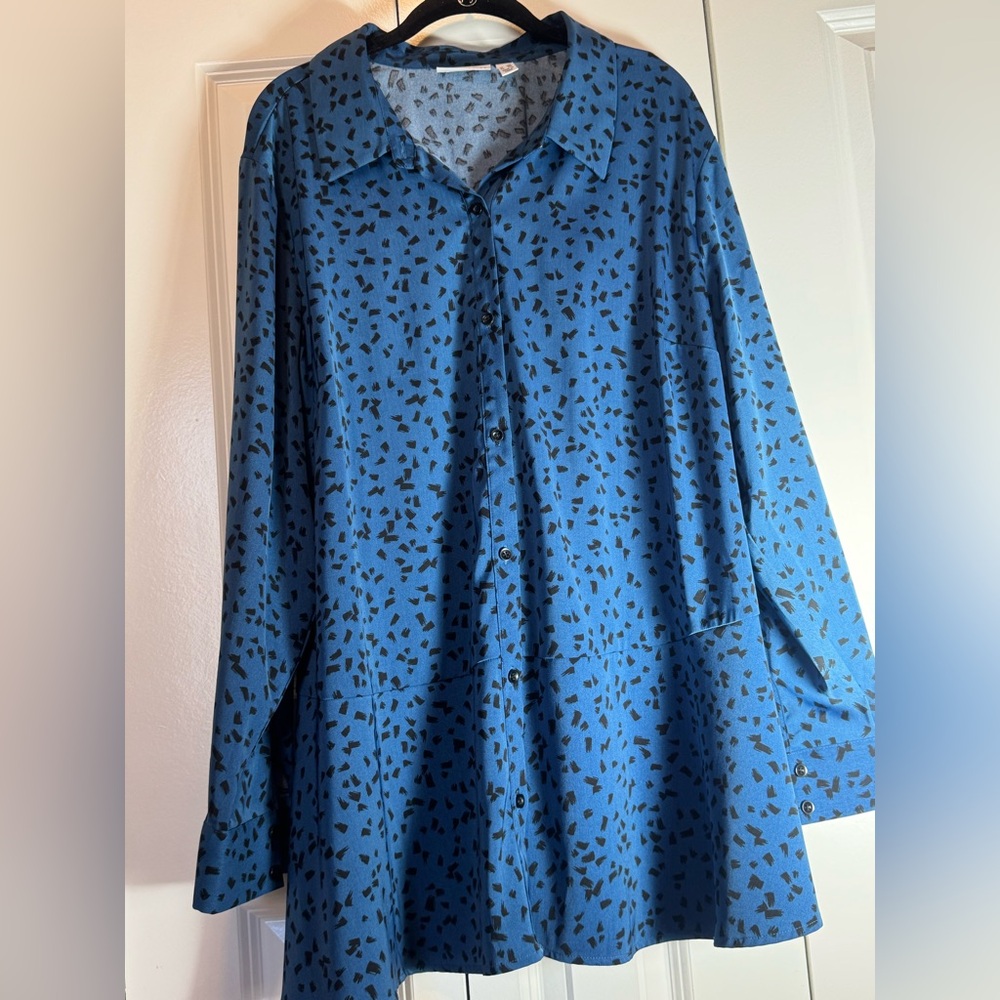 Susan Graver 2X Blue Black‎ Abstract Button Front Blouse Stretch Work Top